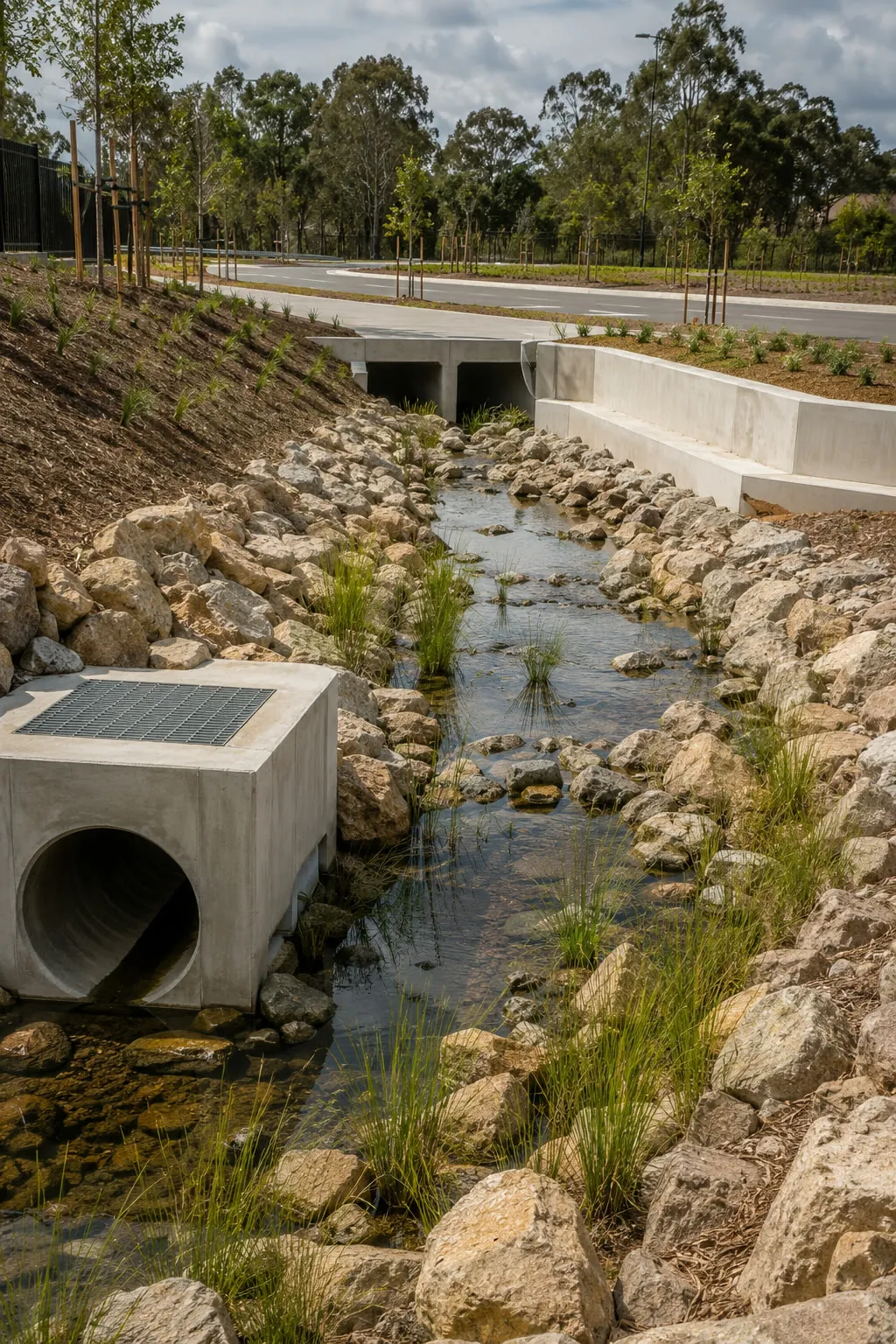 Stormwater culvert and rock-lined drainage channel